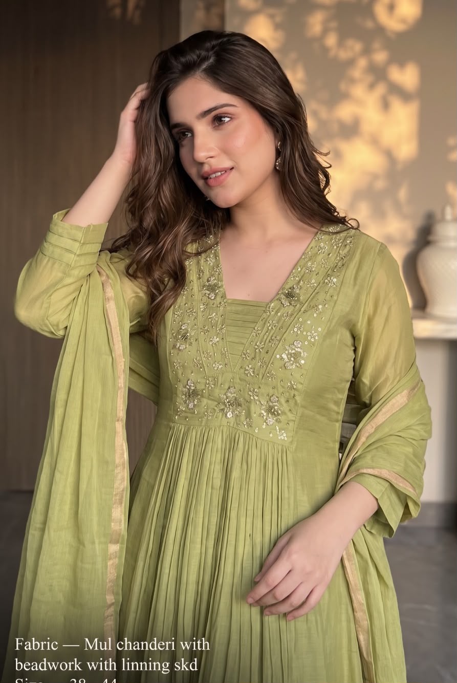 Pretty Mul Chanderi with bead work and lining full suit in Green