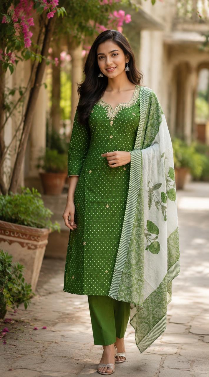 Pure cotton bandhani gotta detailing full suit set in green