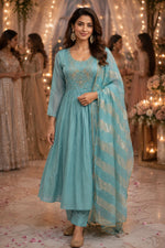 Pretty mulchanderi with heavy handwork in blue