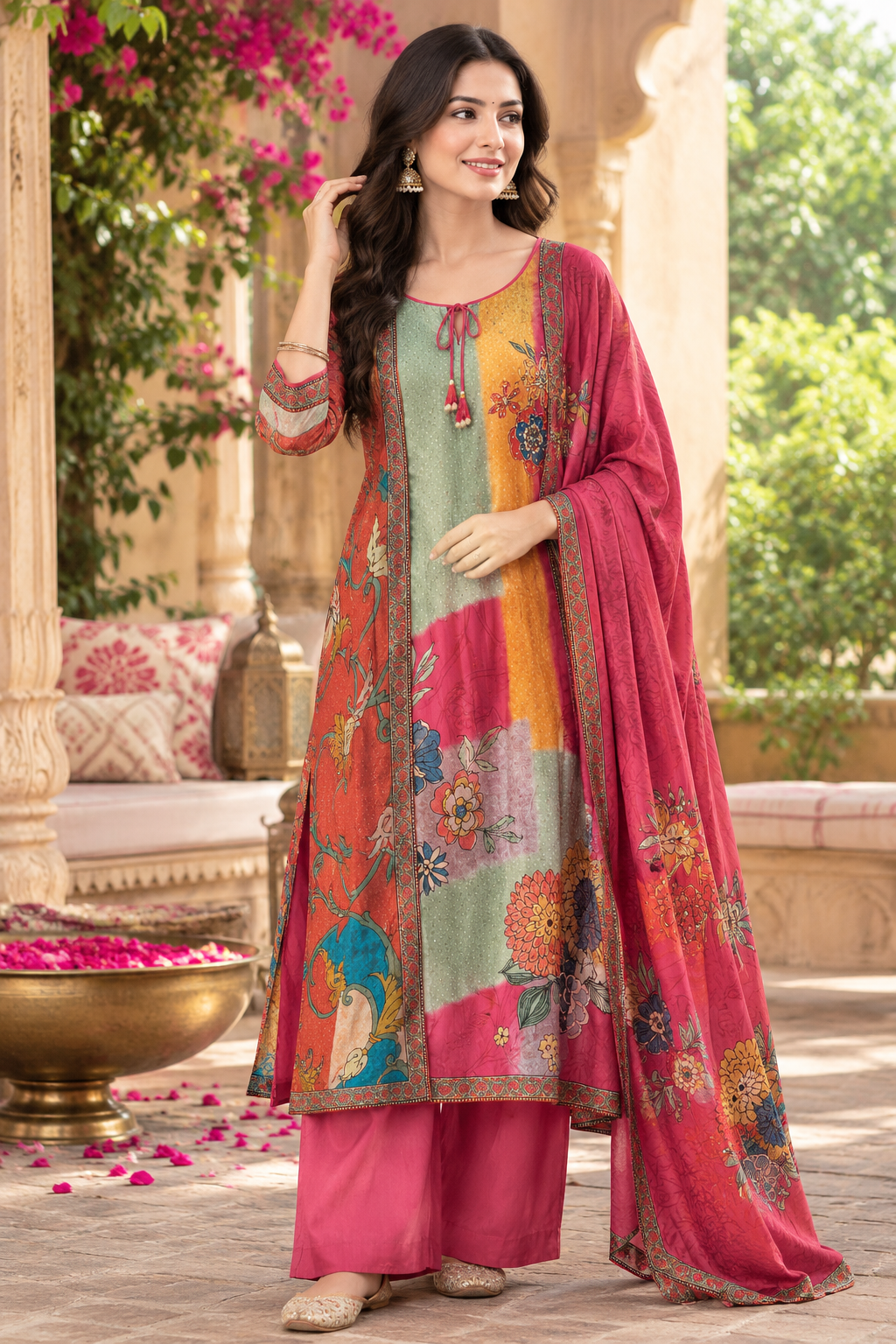 Mul silk digital printed full suit set in pink Full suit