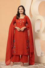 Pure cotton real mirror pintux work embroidery suit set in red