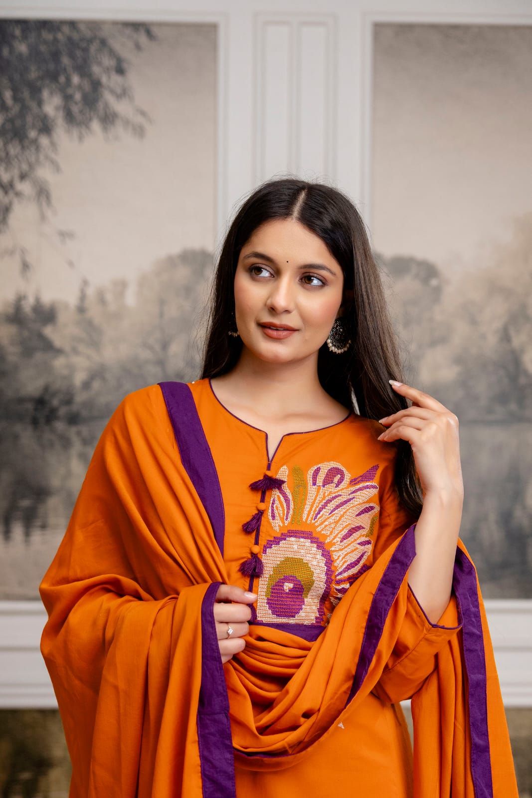 Premium pure cotton embroidered full suit set in rust n purple