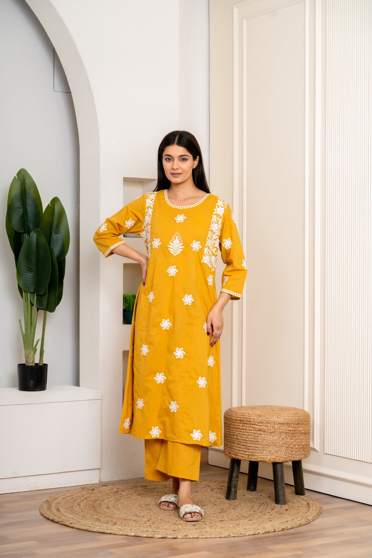 Cotton chikankari kurta pant in yellow