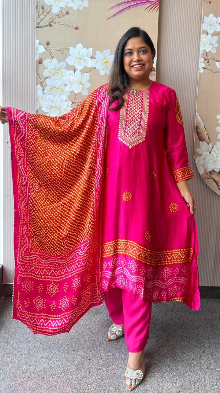 Premium gaji silk pink n orange bandhani suit set with Mul lining