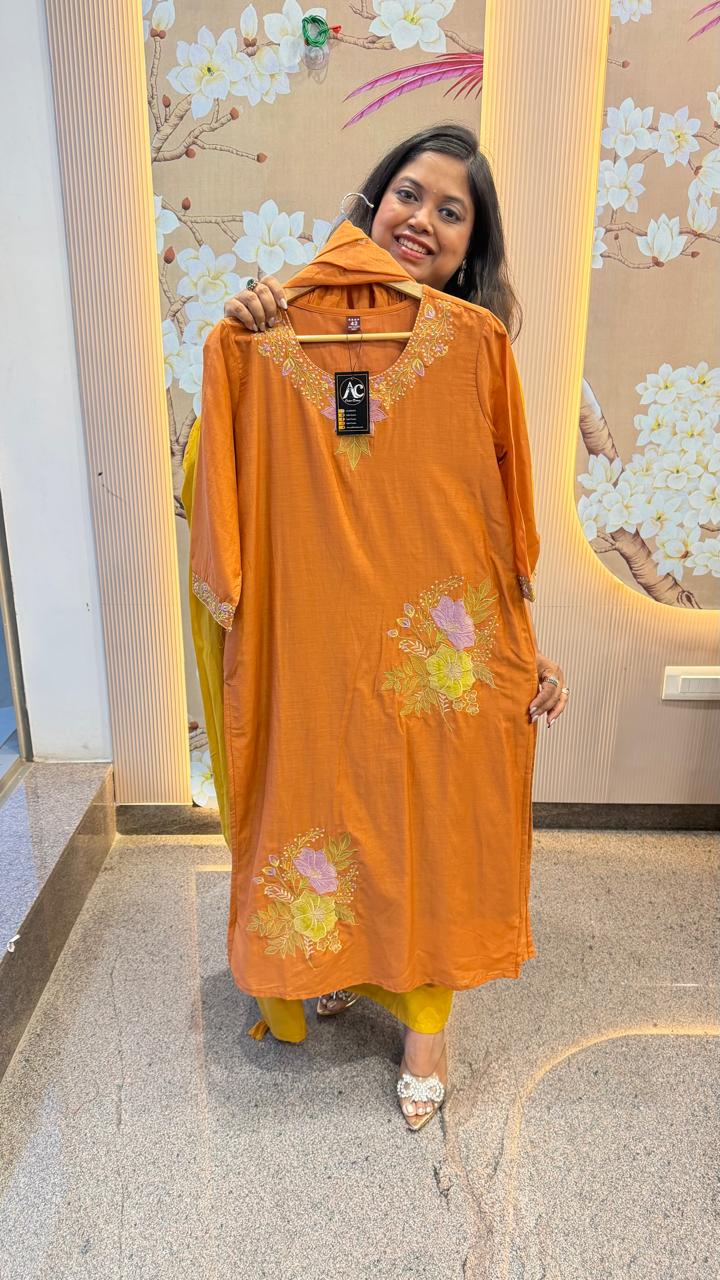 Wow cotton chanderi fully embroidered with pocket suit set in orange