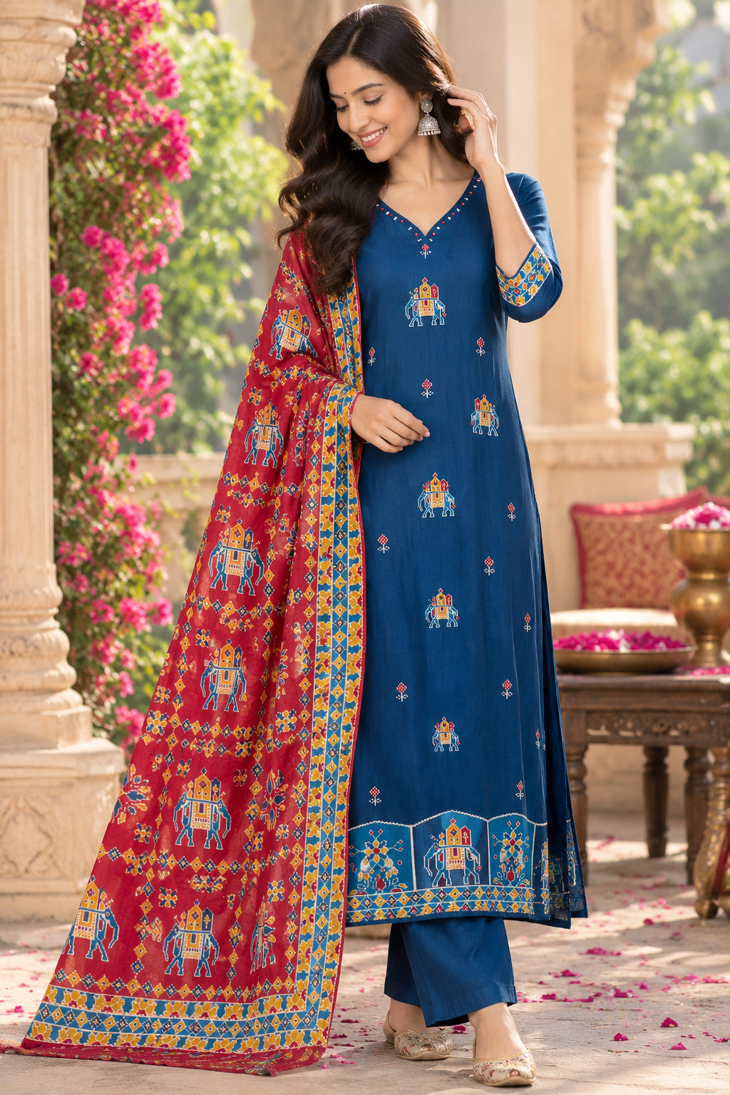 Pure crepe Patola print in contrast suit set in blue n red
