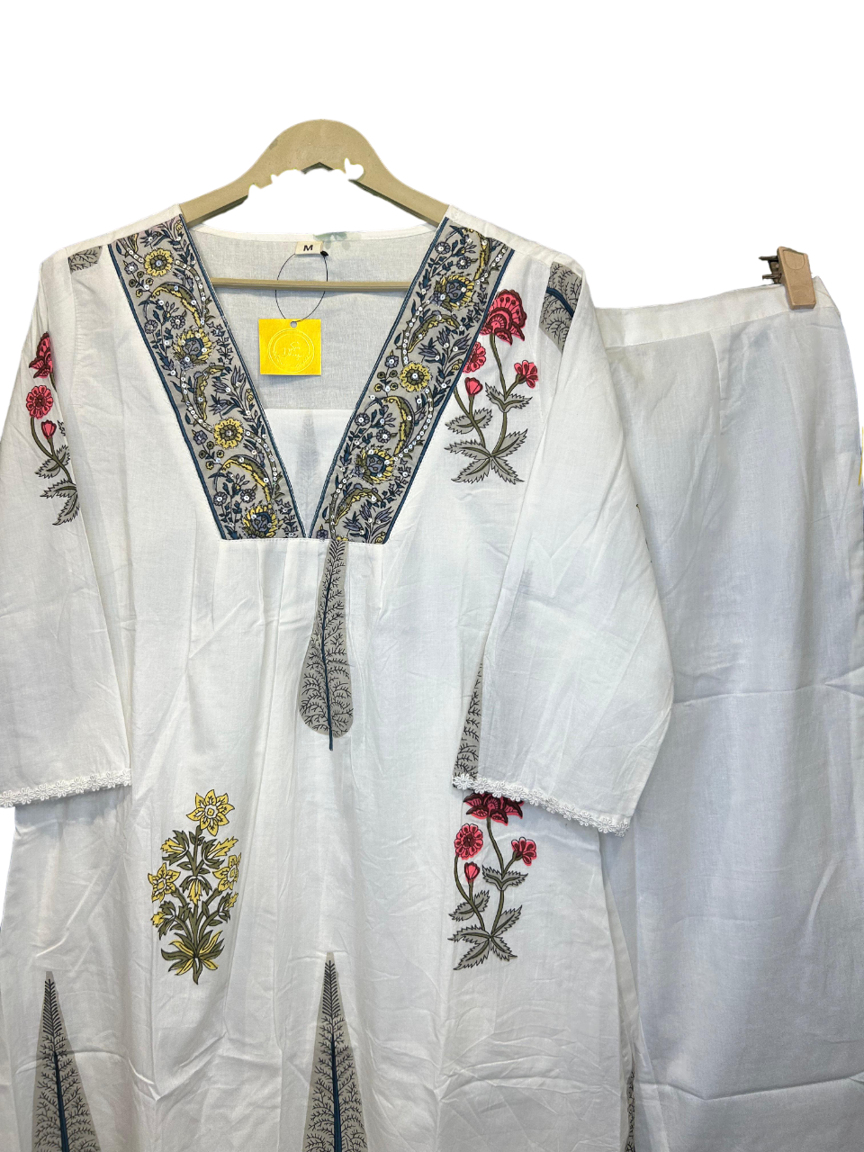 V neck pure cotton block printed kurta pant