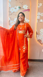 Super pretty Mul chanderi plazzo set with pretty handwork in orange (Loose fit)