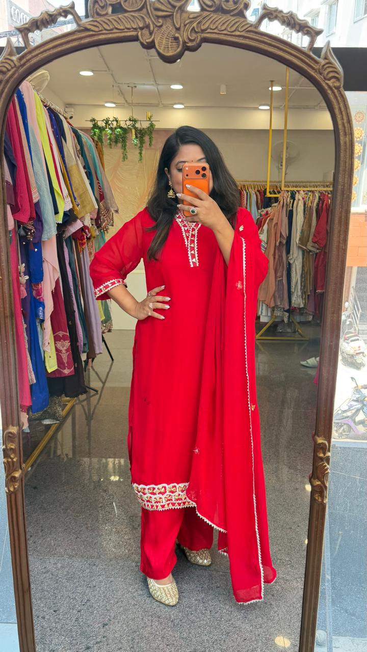 Premium georgette gotta detailing perfect red karwa suit set