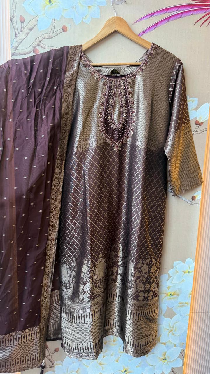 Premium Banarasi weaved silk suit set in wine