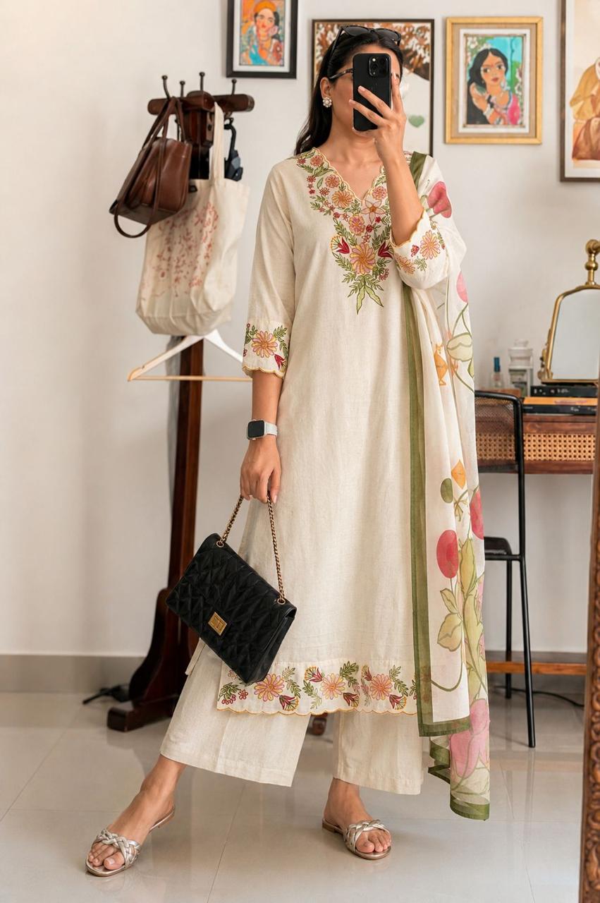 Pure cotton embroidered paired with pretty linen dupatta