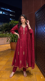 Pretty maroon handwork A line Mul chanderi suit set