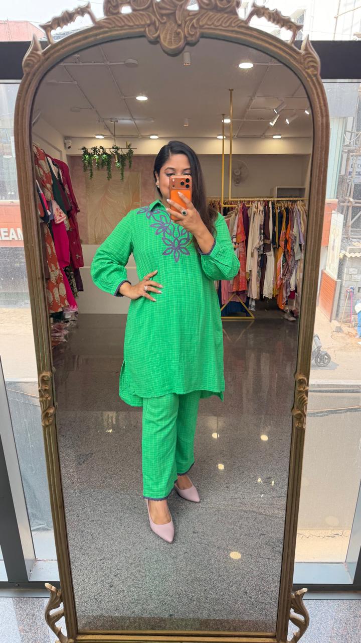 Applique work textured cotton co ord in green
