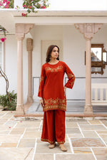 Pretty slub cotton embroidered plazzo set in rust