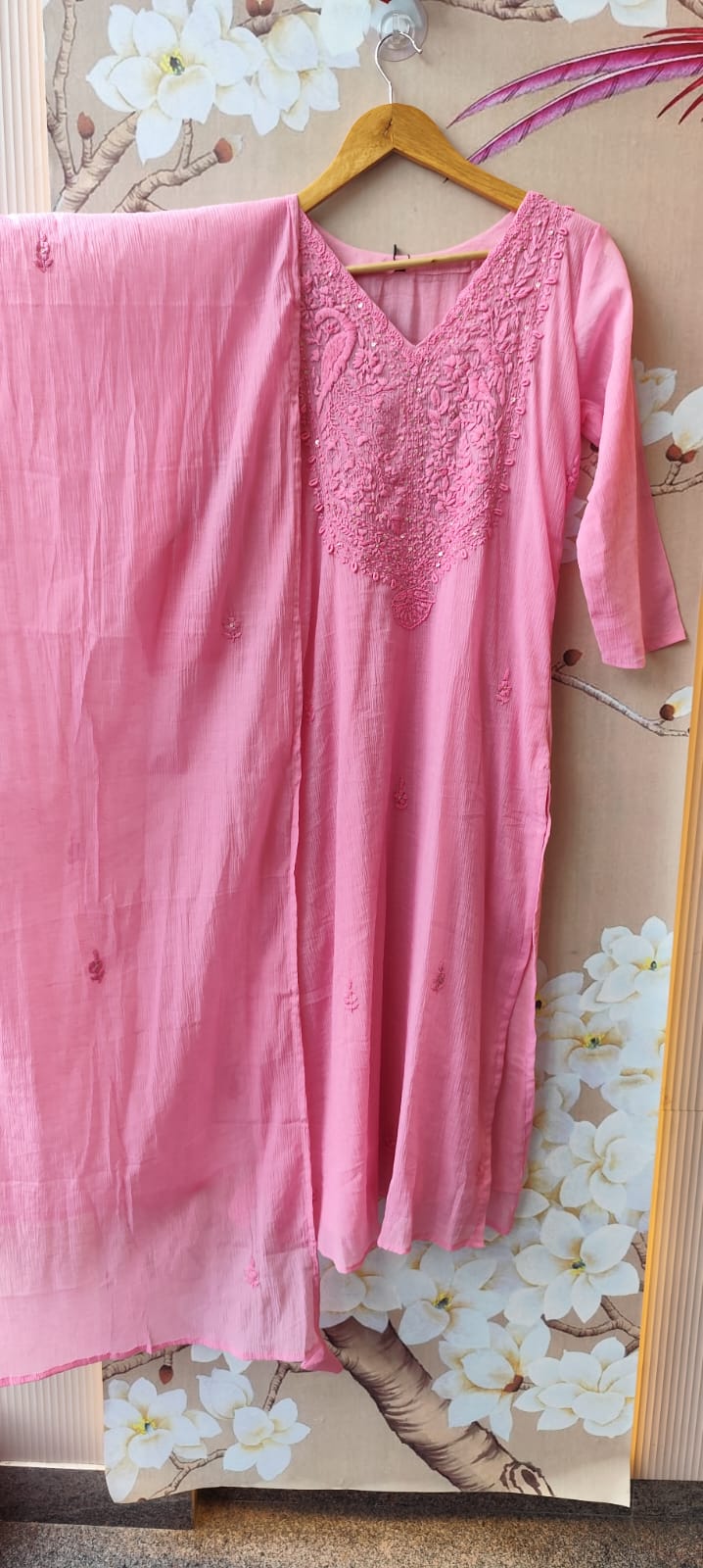 Premium crush cotton chikankari suit set in pink