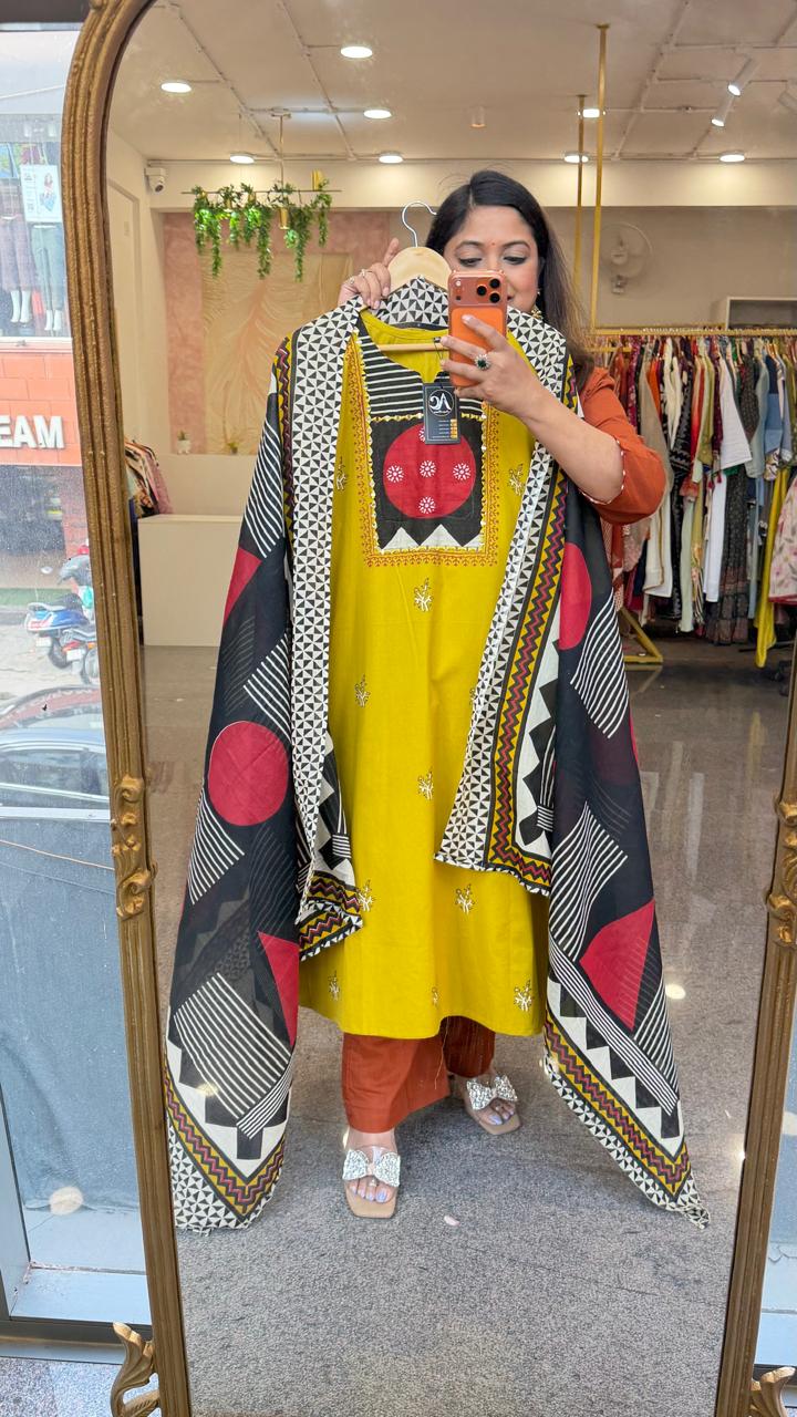 Super pretty real mirror contrast dupatta suit set in yellow