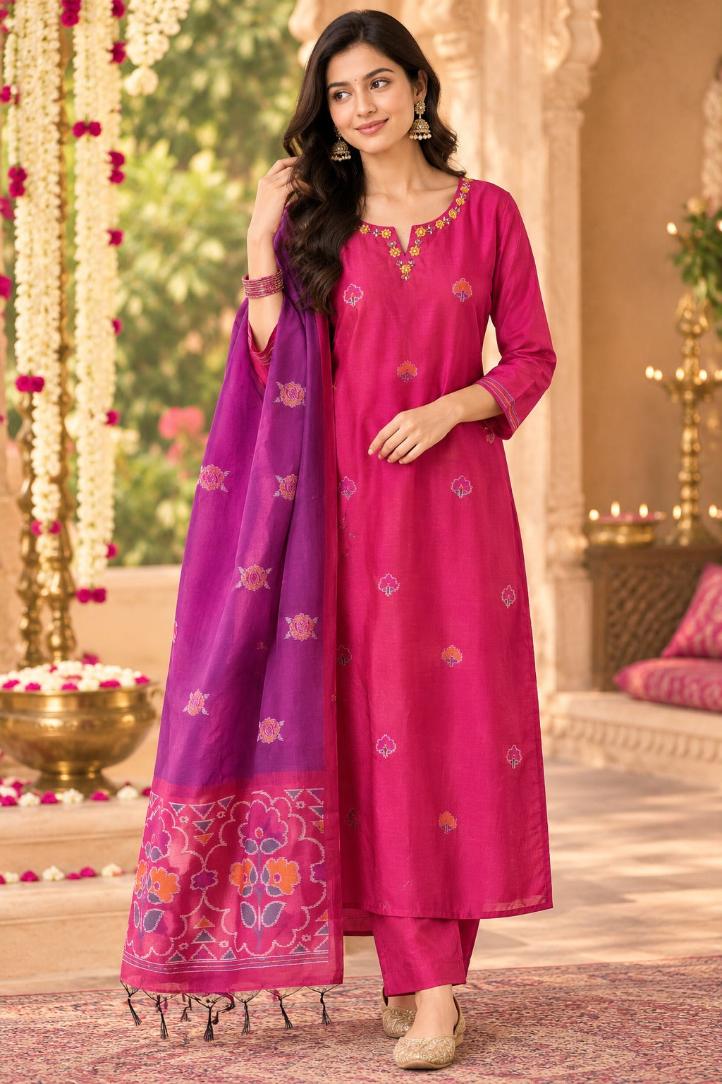 Red n purple jamdani weaved suit set