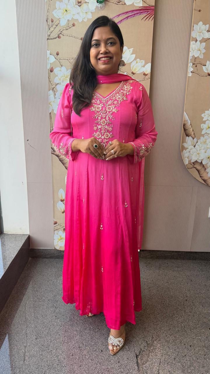 Restocked! Pure chinon ombre full handwork gorgeous Anarkali suit set in pink! Dispatch on Monday