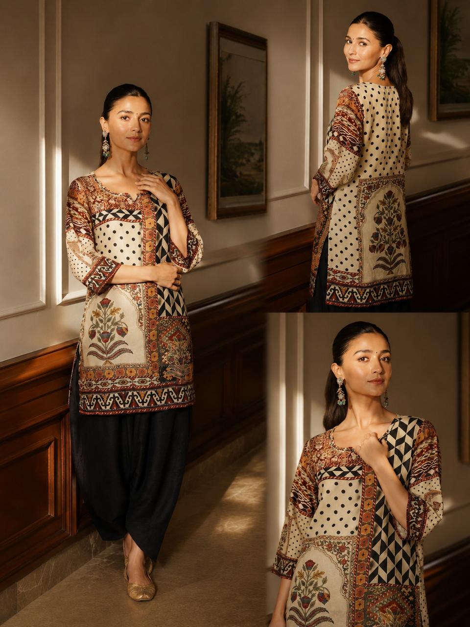 Super pretty crepe co ord in black n gold paired with farshi