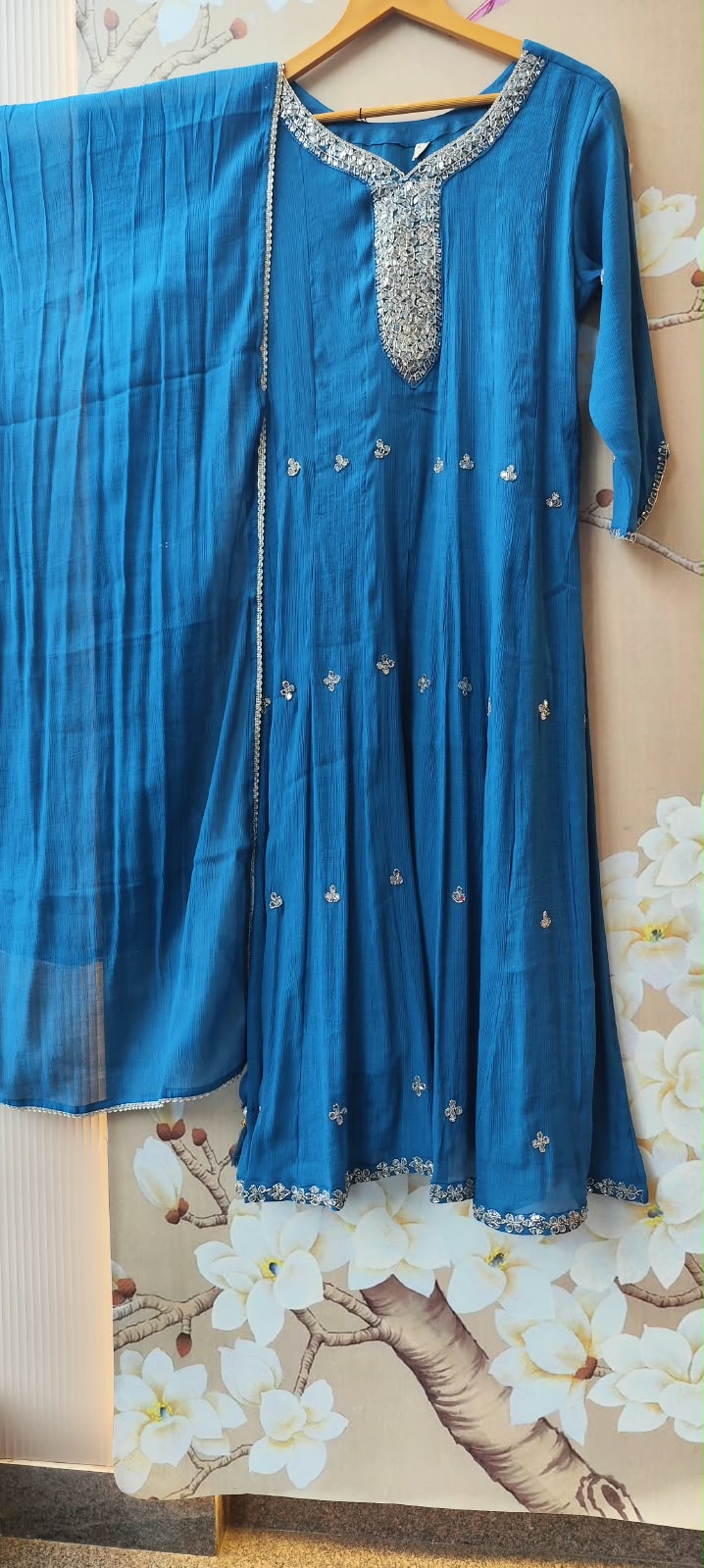 Premium chinon handwork full suit set in royal blue