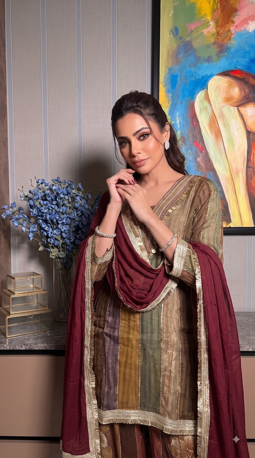Glass tissue lace detailing suit in multi colour