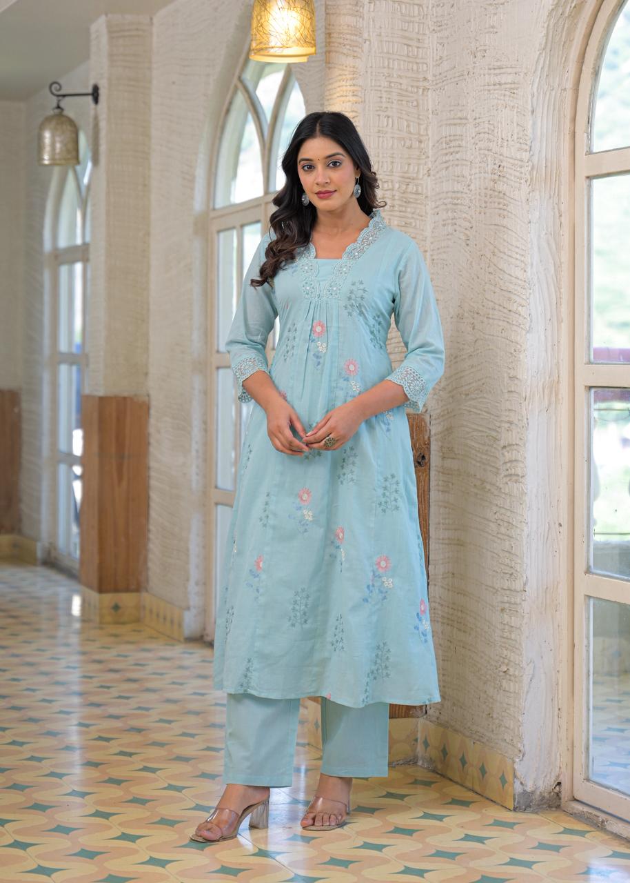 Smart embroidered ice blue kurta pant