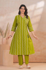 Aangrakha pattern embroidered pure cotton full suit set in green