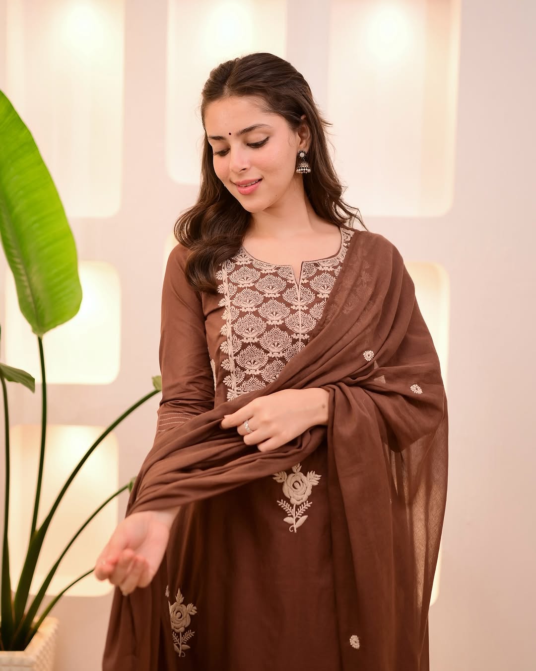 Brown embroidered cotton suit set with lining
