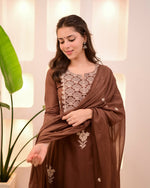 Brown embroidered cotton suit set with lining