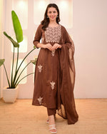 Brown embroidered cotton suit set with lining