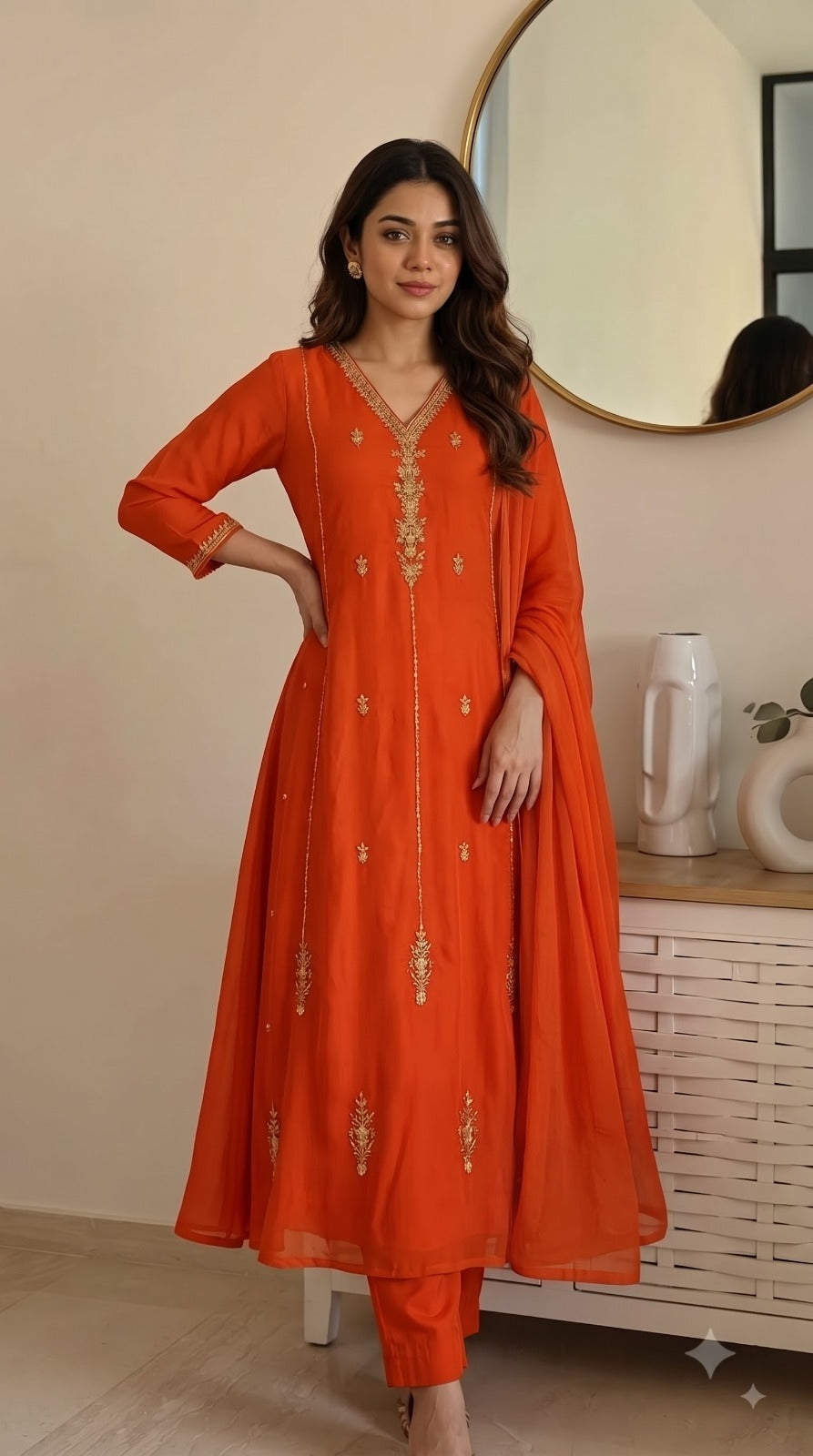 Pretty orange handwork A line Mul chanderi suit set