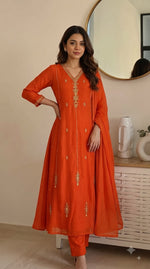 Pretty orange handwork A line Mul chanderi suit set