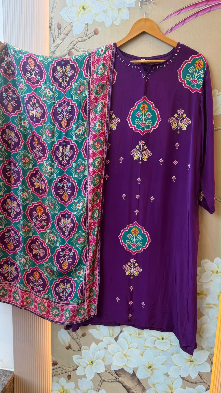 Pure crepe Patola print in contrast suit set in purple