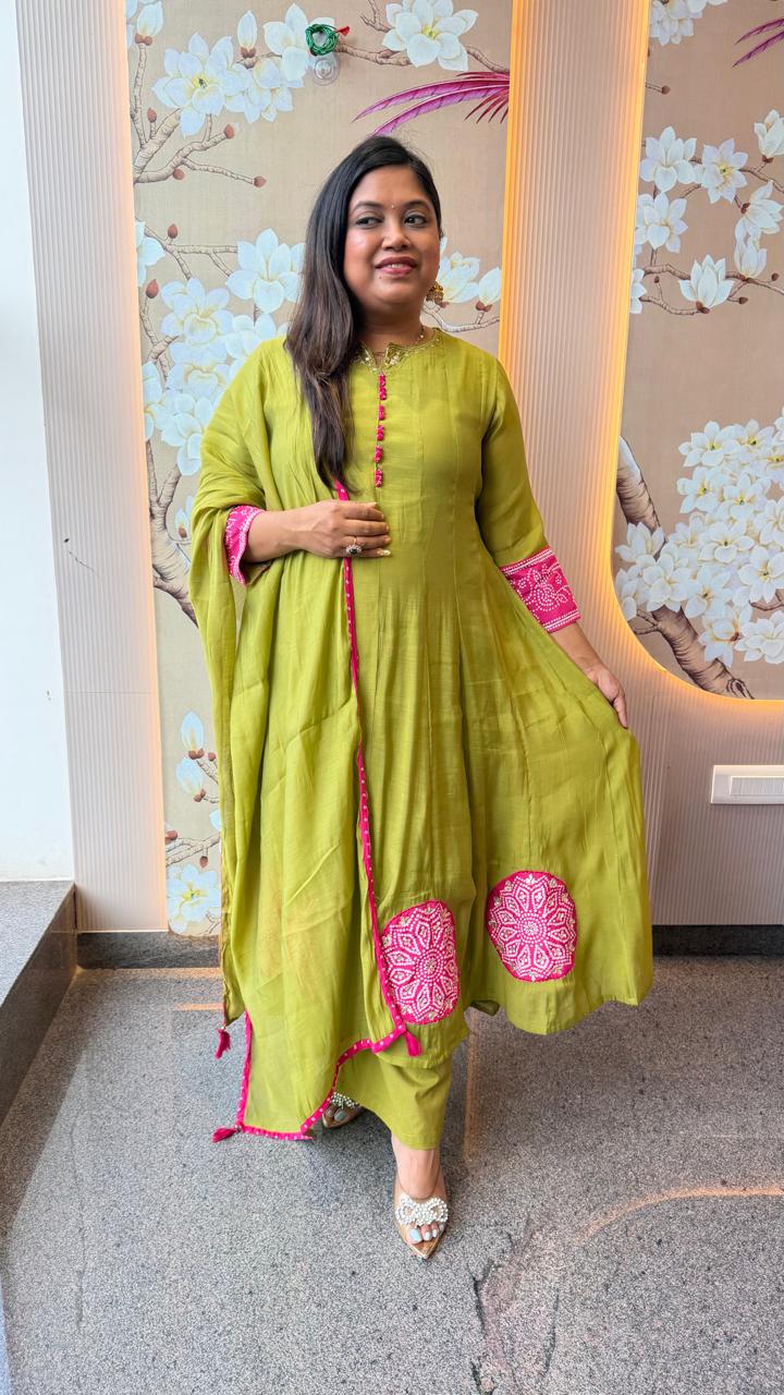 Green mulchanderi Anarkali suit set