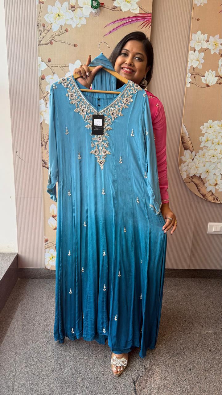 Pure chinon ombre full handwork gorgeous Anarkali suit set in blue