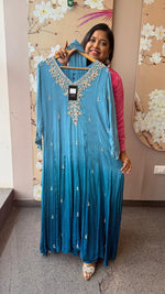 Pure chinon ombre full handwork gorgeous Anarkali suit set in blue