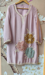 Premium chinon applique handwork suit set in lilac