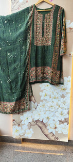 Super wow pure crepe silk lining ajrakh suit set in green