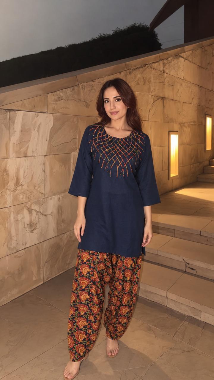 Pure cotton paired with Kalamkari farshi salwar in blue