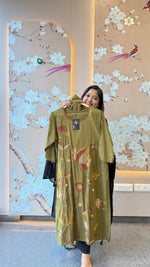 Pure cotton fully embroidered suit set in olive green