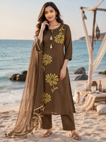 Pure cotton embroidery suit set in brown