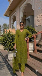 Cutwork Mul chanderi lining suit set (slim fit ) in olive