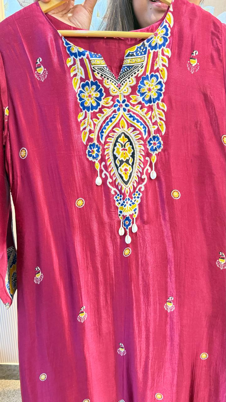 Pure gaji silk maroon kurta pant