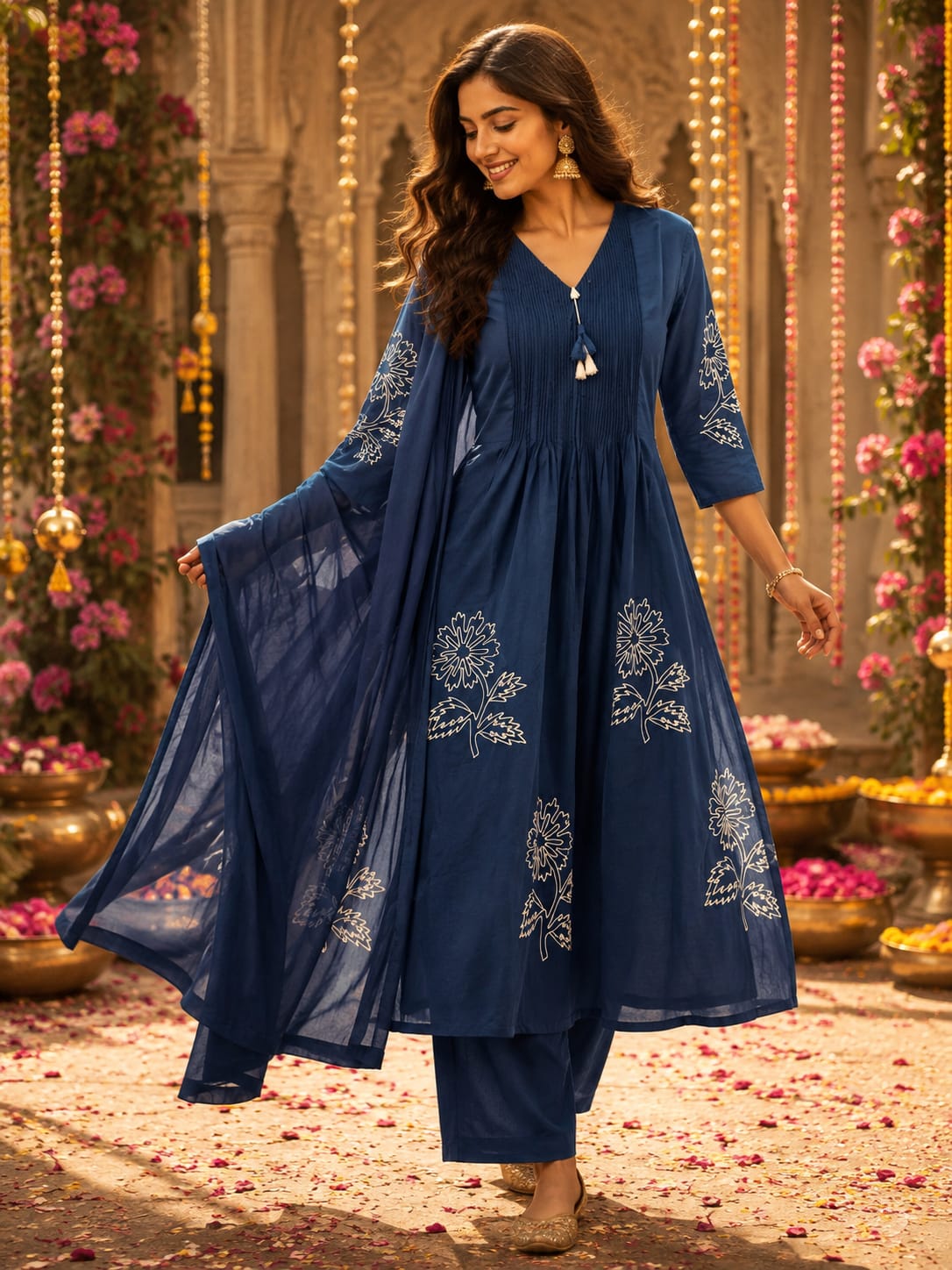 Wow designer embroidered blue cotton suit set