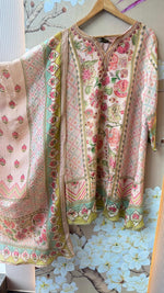 Pure chinon with beautiful pearl and zari detailing plazzo suit set in pink