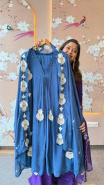 Premium pretty chinon fully embroidered suit set in blue