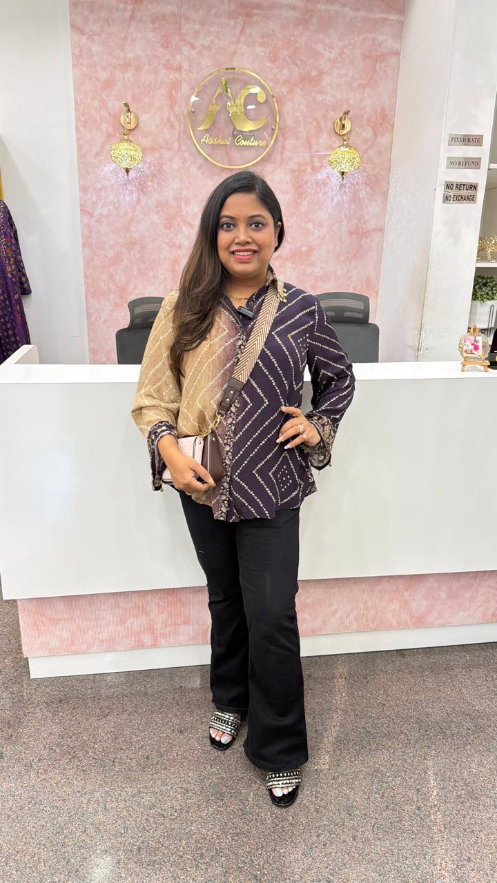 Premium natural crepe Kalamkari bandhani shirt in purple