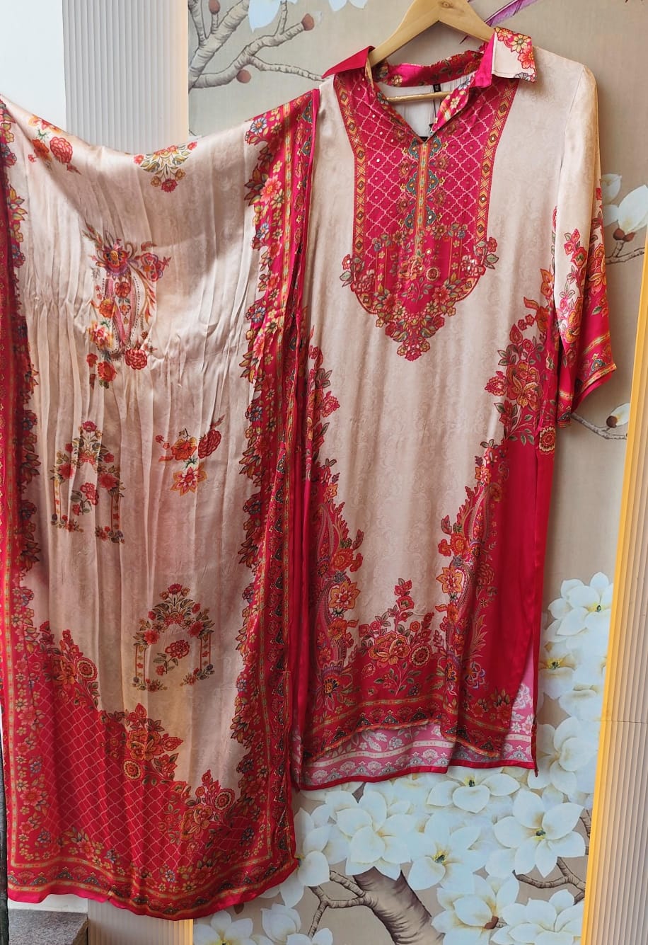 Premium gaji silk full suit set in pink