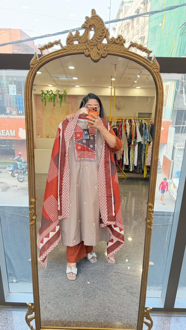 Super pretty real mirror contrast dupatta suit set in chiku colour