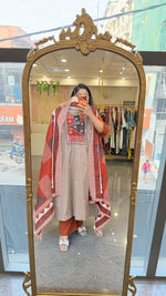 Super pretty real mirror contrast dupatta suit set in chiku colour